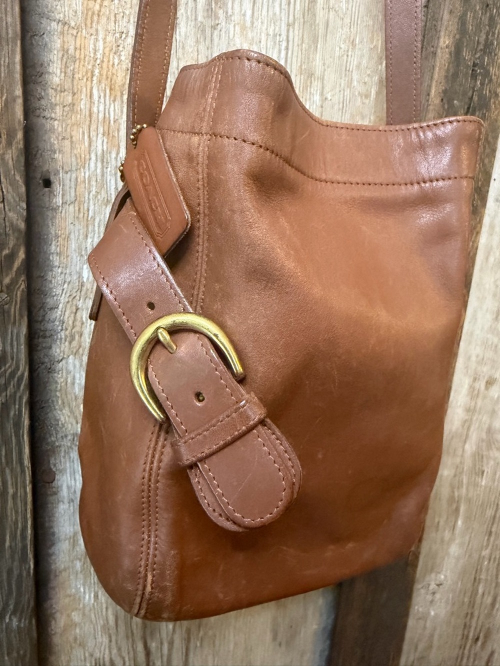 Vintage Coach BELTED BUCKET POUCH Soho 4156 Tanned Leather 90s Crossbody Bag - Picture 6 of 16